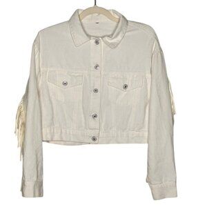 Boho Fringe Off White Western Jean Jacket Womens M Festival Hippie 70s Cowgirl